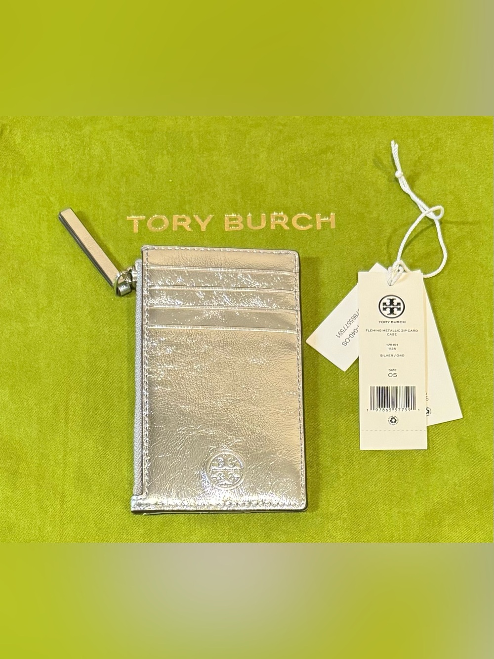 Tory Burch Metallic Silver Leather Card Case with Zip Pull